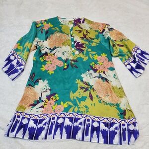 Cabi Green Blue Bohemian Boho Floral Artsy Retro 1/2 Sleeve Silk Tunic Top Small